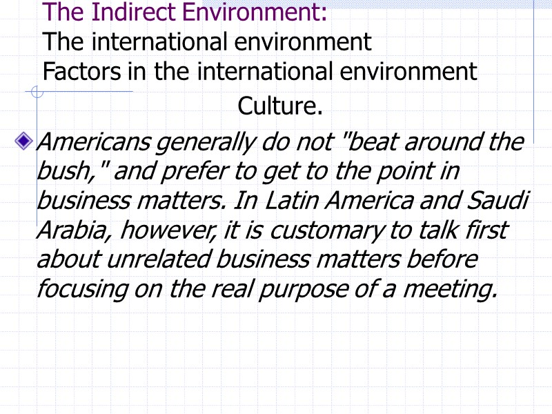 The Indirect Environment: The international environment Factors in the international environment  Culture. 